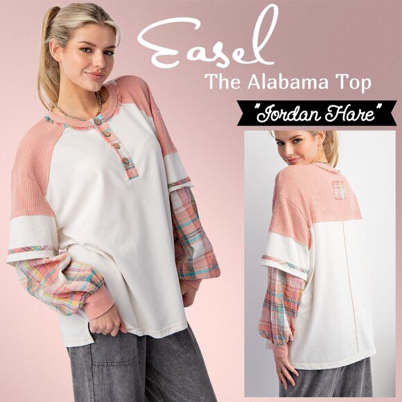 EASEL "Alabama Top - Talladega" Loose Fit Henley Layered Look Mineral Washed Top - Picture 1 of 14
